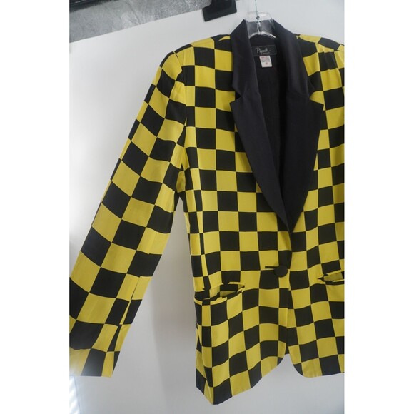Plymouth Black & Yellow Checkered Statement Tailored Vintage Silk Blazer Size 8 - Picture 3 of 12
